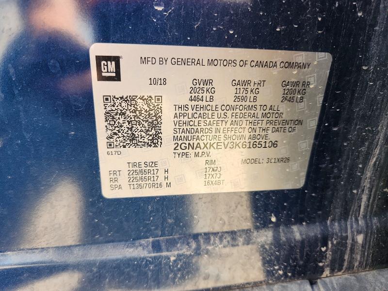 2019 Chevrolet Equinox მანქანა იყიდება აუქციონზე, vin: 2GNAXKEV3K6165106, აუქციონის ნომერი: 57015906