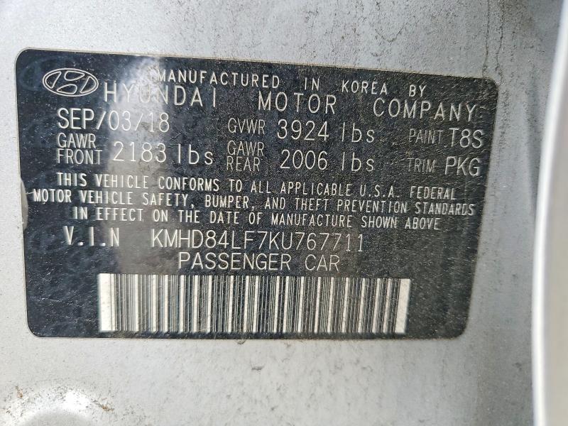59027306 :رقم المزاد ، KMHD84LF7KU767711 vin ، 2019 Hyundai Elantra مزاد بيع