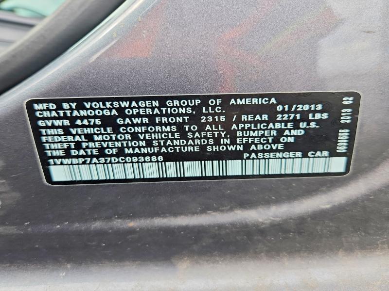 2013 Volkswagen Passat მანქანა იყიდება აუქციონზე, vin: 1VWBP7A37DC093686, აუქციონის ნომერი: 56002786