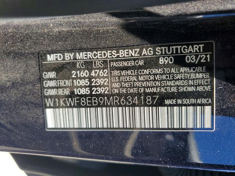 2021 Mercedes-benz C მანქანა იყიდება აუქციონზე, vin: W1KWF8EB9MR634187, აუქციონის ნომერი: 56864996