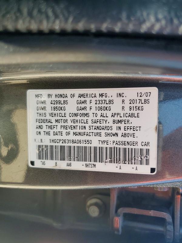 Продаж на аукціоні авто 2008 Honda Accord, vin: 1HGCP26318A061550, номер лоту: 56149016
