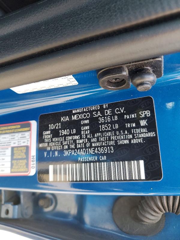 56743266 :رقم المزاد ، 3KPA24AD1NE436913 vin ، 2022 Kia Rio مزاد بيع