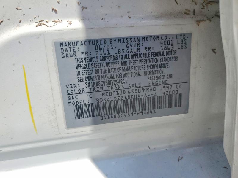 2021 Nissan Sentra მანქანა იყიდება აუქციონზე, vin: 3N1AB8CV5MY294241, აუქციონის ნომერი: 57195446