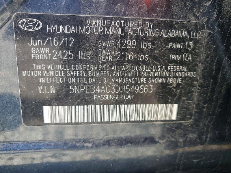 2013 Hyundai Sonata მანქანა იყიდება აუქციონზე, vin: 5NPEB4AC3DH549863, აუქციონის ნომერი: 56049566