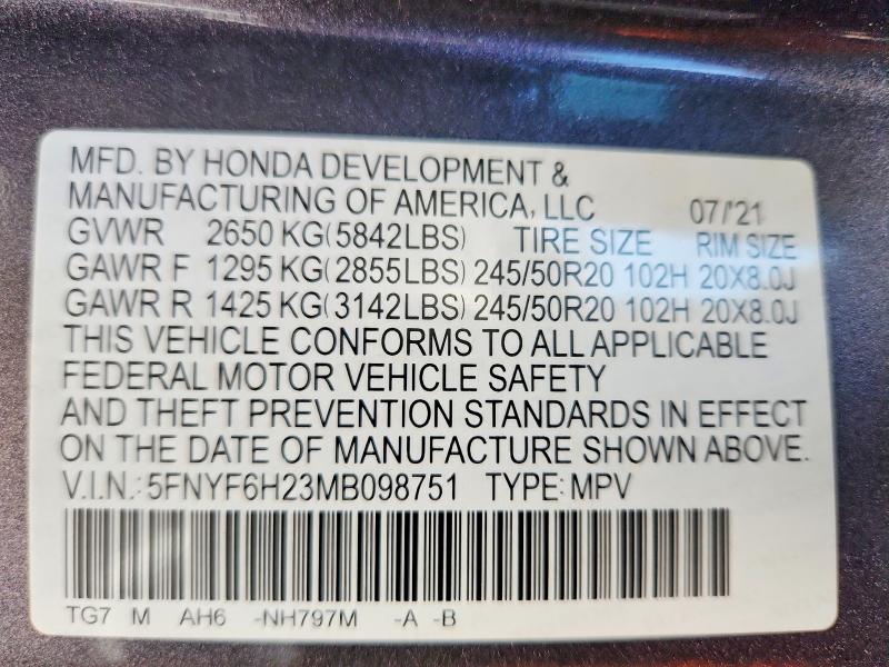 2021 Honda Pilot მანქანა იყიდება აუქციონზე, vin: 5FNYF6H23MB098751, აუქციონის ნომერი: 56360086