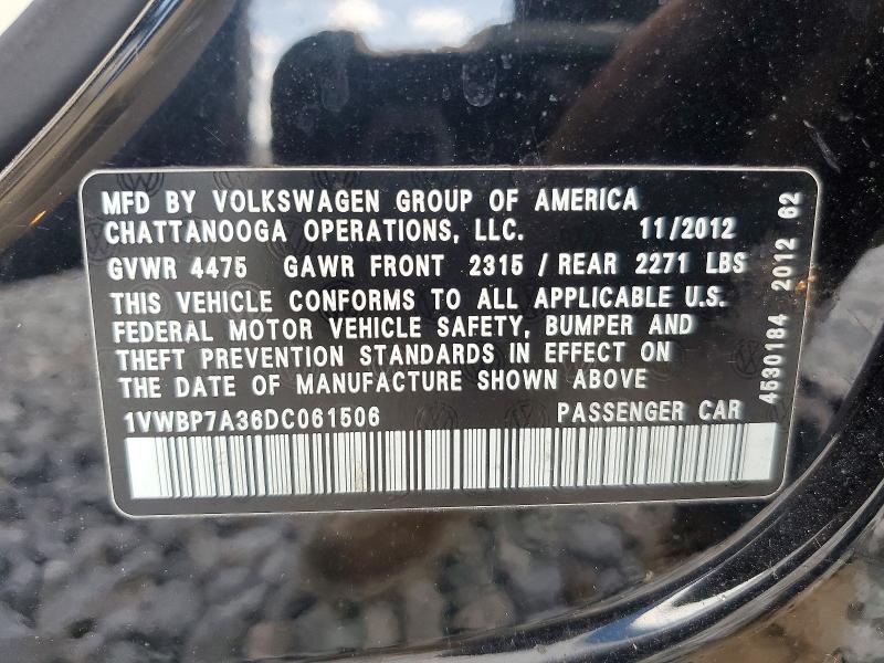 2013 Volkswagen Passat მანქანა იყიდება აუქციონზე, vin: 1VWBP7A36DC061506, აუქციონის ნომერი: 58449076