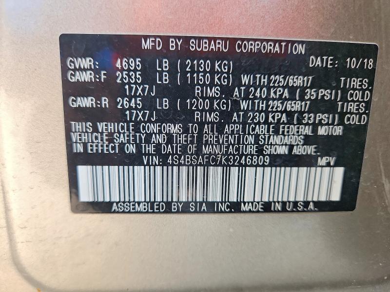 Aukcja sprzedaży 2019 Subaru Outback, vin: 4S4BSAFC7K3246809, numer aukcji: 58387196