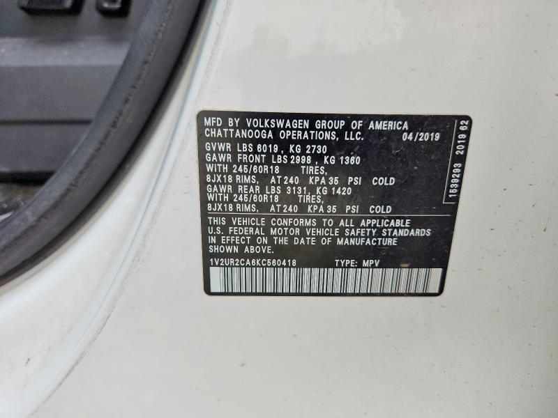 Aukcja sprzedaży 2019 Volkswagen Atlas, vin: 1V2UR2CA6KC560418, numer aukcji: 55604536