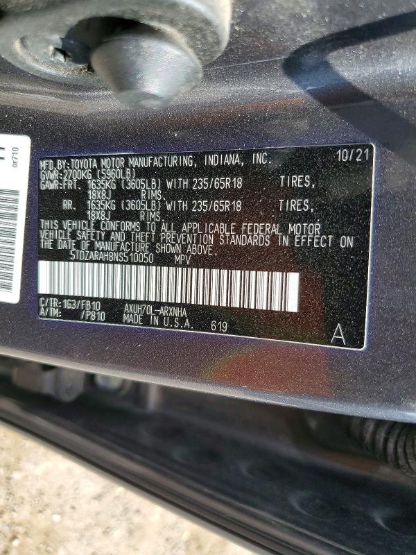 Aukcja sprzedaży 2022 Toyota Highlander, vin: 5TDZARAH8NS510050, numer aukcji: 57233956