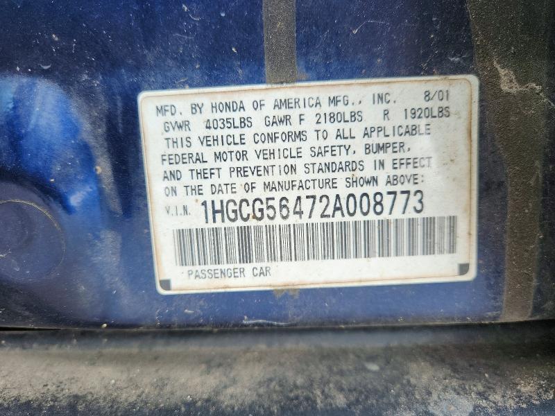Продаж на аукціоні авто 2002 Honda Accord, vin: 1HGCG56472A008773, номер лоту: 55586306
