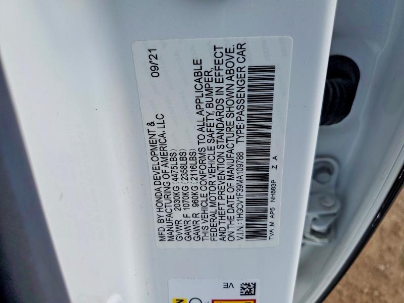 2021 Honda Accord მანქანა იყიდება აუქციონზე, vin: 1HGCV1F39MA109788, აუქციონის ნომერი: 57913296