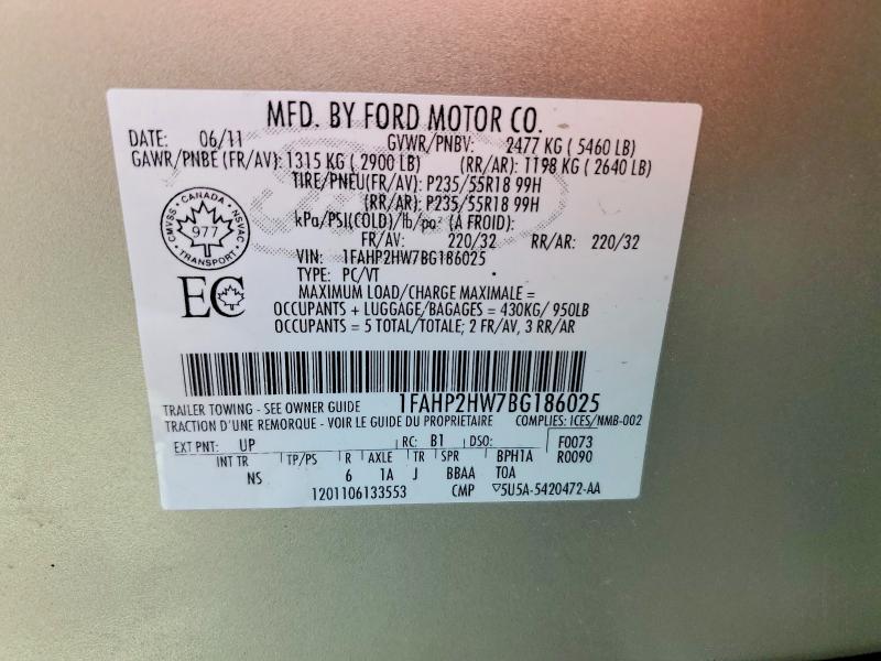 55943786 :رقم المزاد ، 1FAHP2HW7BG186025 vin ، 2011 Ford Taurus مزاد بيع
