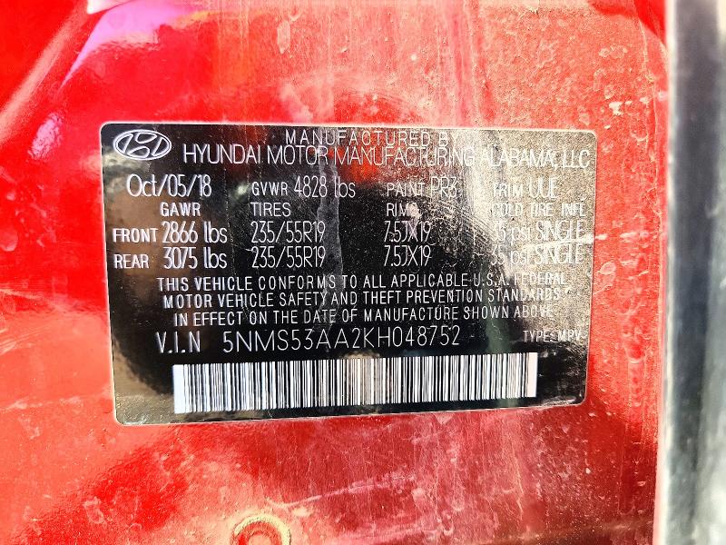 57141196 :رقم المزاد ، 5NMS53AA2KH048752 vin ، 2019 Hyundai Santa Fe مزاد بيع