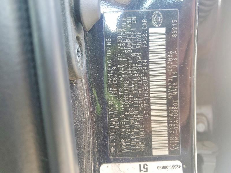 Продаж на аукціоні авто 2019 Toyota Camry, vin: 4T1B11HK8KU816494, номер лоту: 55813866