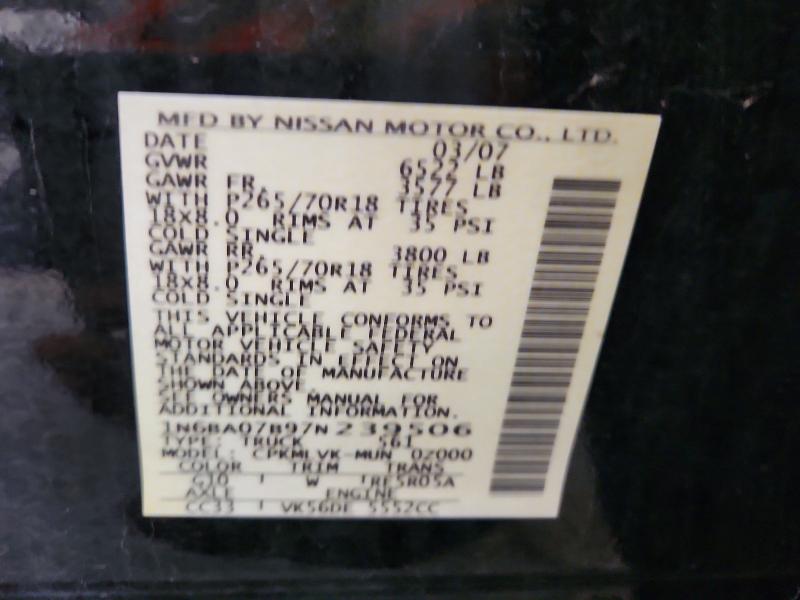 2007 Nissan Titan მანქანა იყიდება აუქციონზე, vin: 1N6BA07B97N239506, აუქციონის ნომერი: 58063466