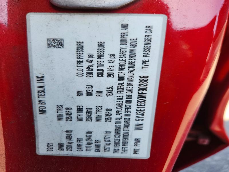 57263196 :رقم المزاد ، 5YJ3E1EBXMF902886 vin ، 2021 Tesla Model 3 مزاد بيع