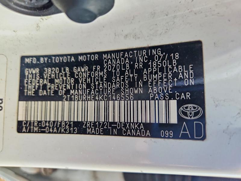 Продаж на аукціоні авто 2019 Toyota Corolla, vin: 2T1BURHE4KC146556, номер лоту: 58801306