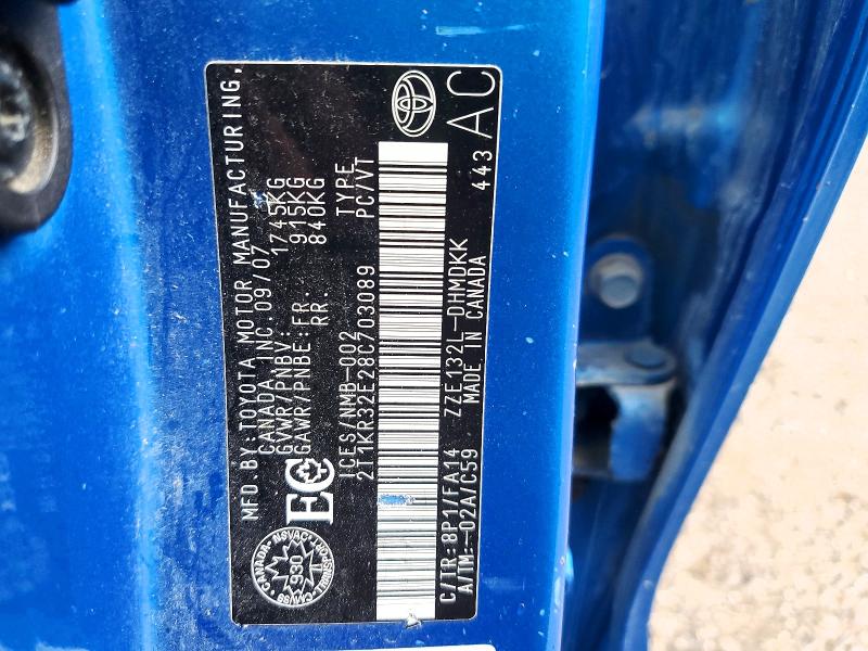 2008 Toyota Corolla Matrix მანქანა იყიდება აუქციონზე, vin: 2T1KR32E28C703089, აუქციონის ნომერი: 57920626