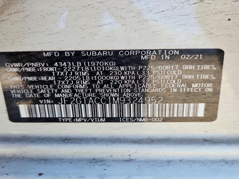 57687706 :رقم المزاد ، JF2GTACC1M9324952 vin ، 2021 Subaru Crosstrek مزاد بيع