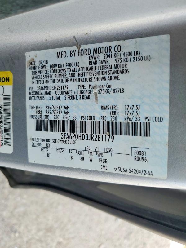 2018 Ford Fusion მანქანა იყიდება აუქციონზე, vin: 3FA6P0HD3JR281179, აუქციონის ნომერი: 58362616