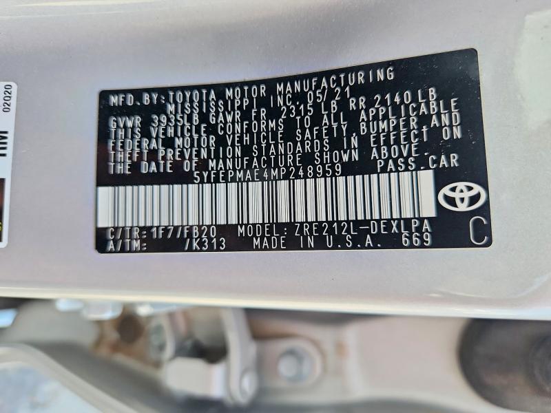 2021 Toyota Corolla მანქანა იყიდება აუქციონზე, vin: 5YFEPMAE4MP248959, აუქციონის ნომერი: 56147086