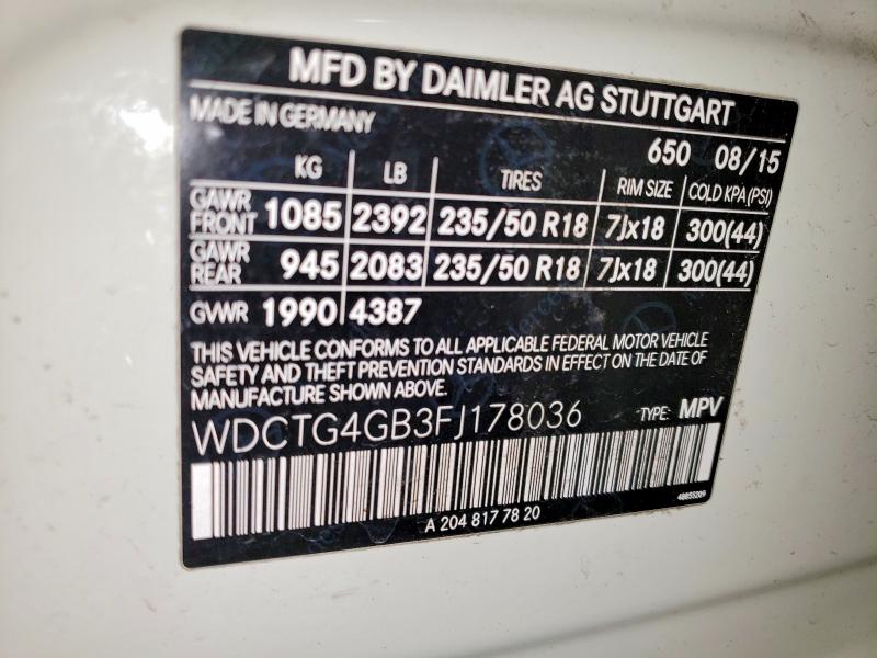 Aukcja sprzedaży 2015 Mercedes-benz Gla, vin: WDCTG4GB3FJ178036, numer aukcji: 56432246
