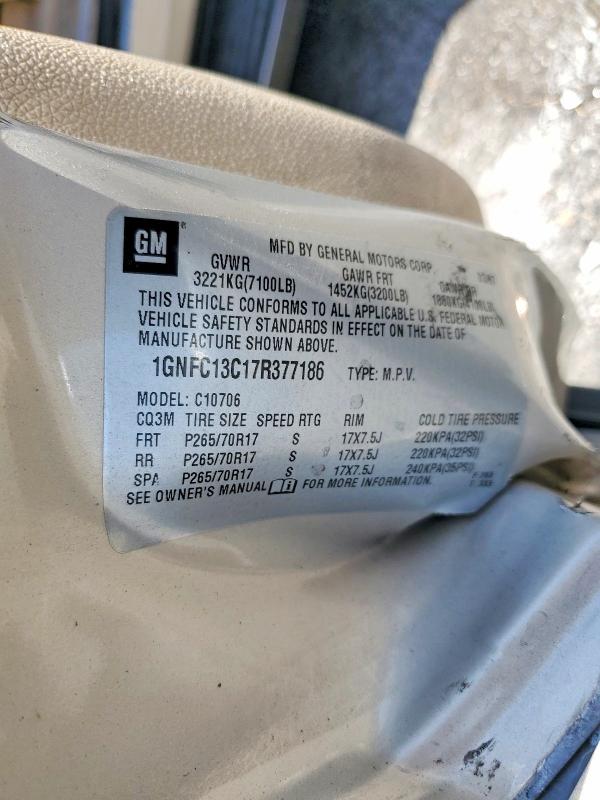 Продаж на аукціоні авто 2007 Chevrolet Tahoe, vin: 1GNFC13C17R377186, номер лоту: 58954516