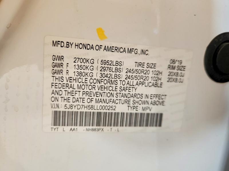 2020 Acura Mdx მანქანა იყიდება აუქციონზე, vin: 5J8YD7H58LL000252, აუქციონის ნომერი: 55642016