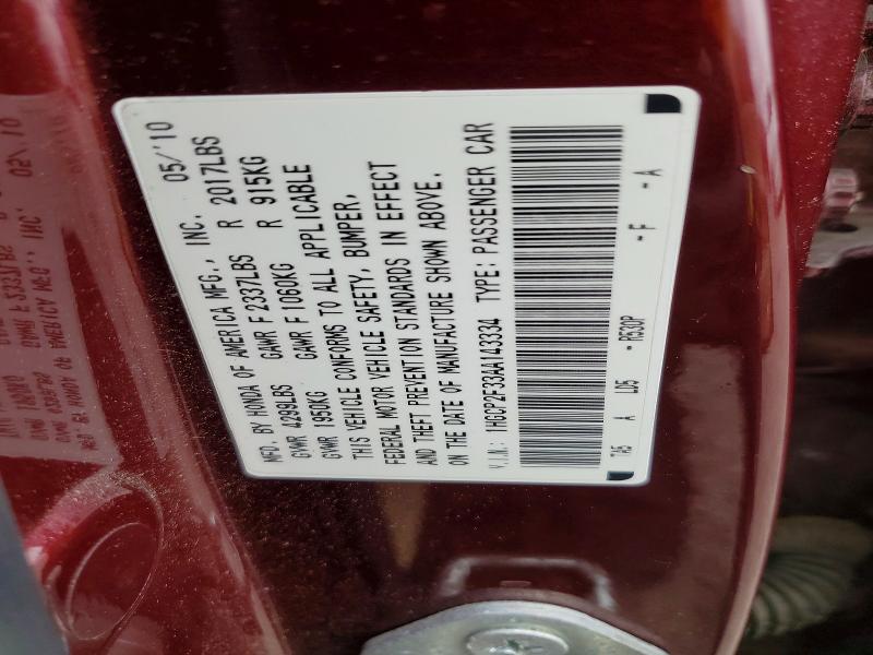 58888106 :رقم المزاد ، 1HGCP2F33AA143334 vin ، 2010 Honda Accord مزاد بيع