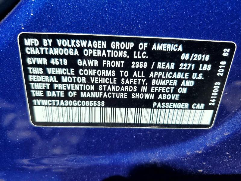 Продажа на аукционе авто 2016 Volkswagen Passat, vin: 1VWCT7A30GC065538, номер лота: 56626696