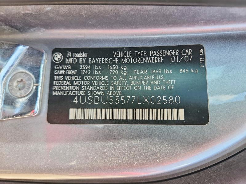 57121066 :رقم المزاد ، 4USBU53577LX02580 vin ، 2007 Bmw Z4 مزاد بيع