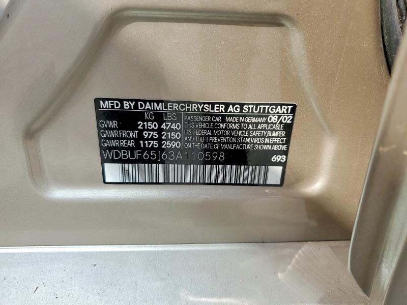 56067766 :رقم المزاد ، WDBUF65J63A110598 vin ، 2003 Mercedes-benz E مزاد بيع