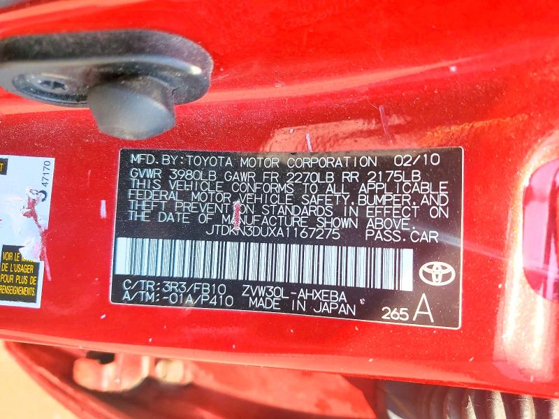56830586 :رقم المزاد ، JTDKN3DUXA1167275 vin ، 2010 Toyota Prius مزاد بيع