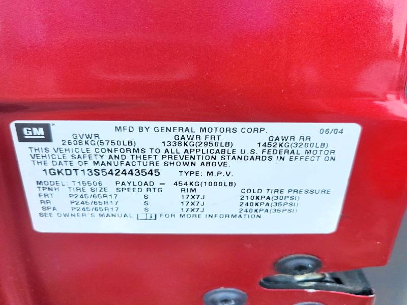 2004 Gmc Envoy მანქანა იყიდება აუქციონზე, vin: 1GKDT13S542443545, აუქციონის ნომერი: 56974396