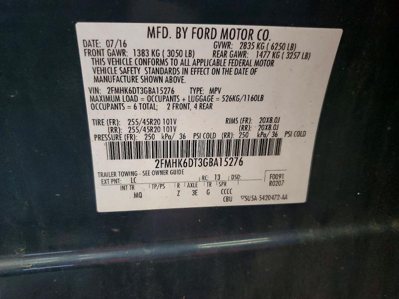 56769116 :رقم المزاد ، 2FMHK6DT3GBA15276 vin ، 2016 Ford Flex مزاد بيع