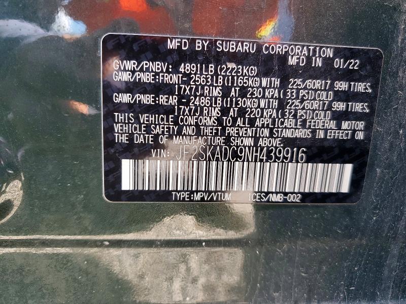Aukcja sprzedaży 2022 Subaru Forester, vin: JF2SKADC9NH439916, numer aukcji: 58003696