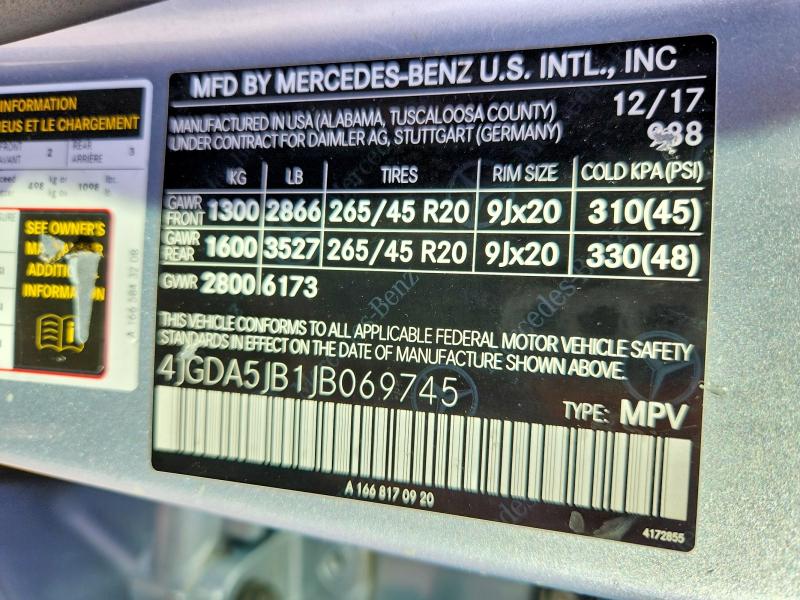 54949406 :رقم المزاد ، 4JGDA5JB1JB069745 vin ، 2018 Mercedes-benz Gle مزاد بيع