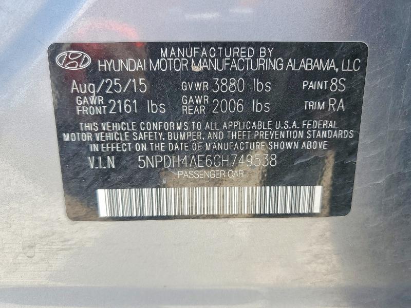 56150686 :رقم المزاد ، 5NPDH4AE6GH749538 vin ، 2016 Hyundai Elantra مزاد بيع