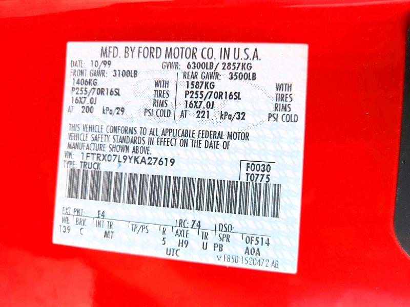 Продаж на аукціоні авто 2000 Ford F150, vin: 1FTRX07L9YKA27619, номер лоту: 58814616