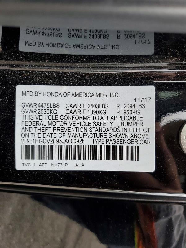 58809366 :رقم المزاد ، 1HGCV2F95JA000928 vin ، 2018 Honda Accord مزاد بيع