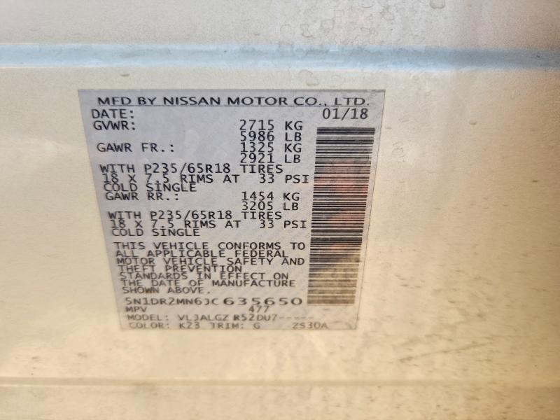 Продаж на аукціоні авто 2018 Nissan Pathfinder, vin: 5N1DR2MN6JC635650, номер лоту: 58327526