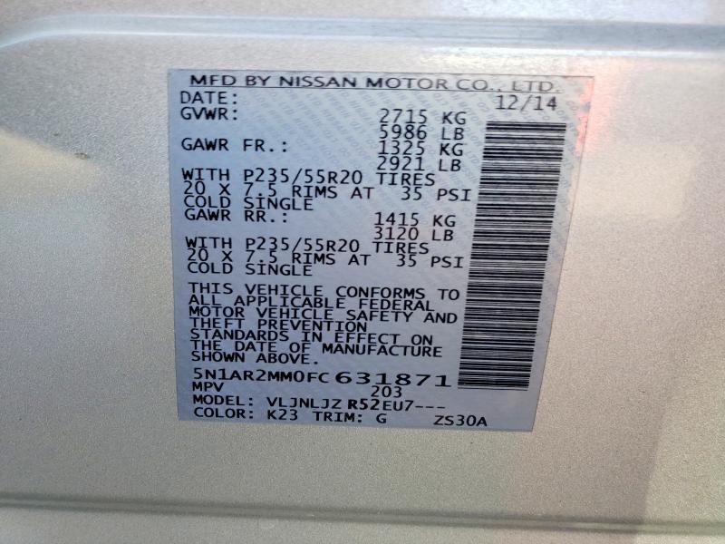 2015 Nissan Pathfinder მანქანა იყიდება აუქციონზე, vin: 5N1AR2MM0FC631871, აუქციონის ნომერი: 54272446