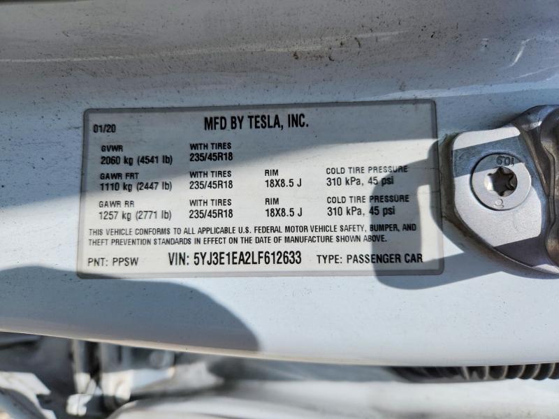 57592706 :رقم المزاد ، 5YJ3E1EA2LF612633 vin ، 2020 Tesla Model 3 مزاد بيع