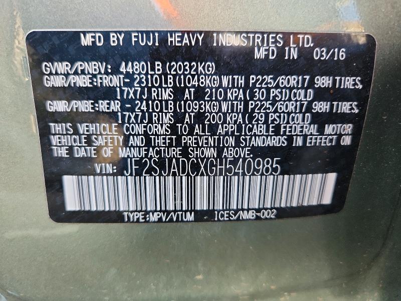 Продаж на аукціоні авто 2016 Subaru Forester, vin: JF2SJADCXGH540985, номер лоту: 56042516