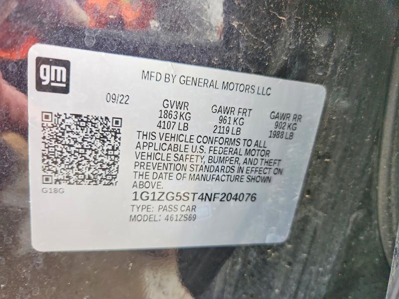 Продаж на аукціоні авто 2022 Chevrolet Malibu, vin: 1G1ZG5ST4NF204076, номер лоту: 57930646
