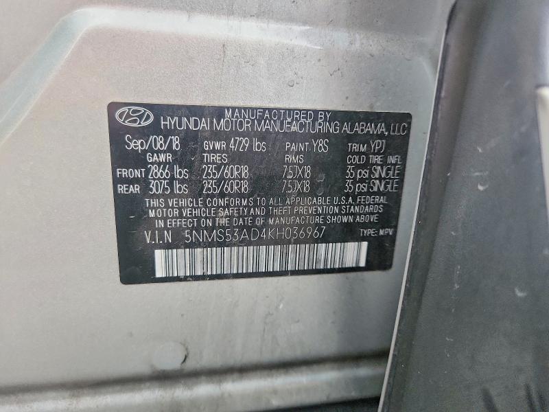 2019 Hyundai Santa Fe მანქანა იყიდება აუქციონზე, vin: 5NMS53AD4KH036967, აუქციონის ნომერი: 56365516