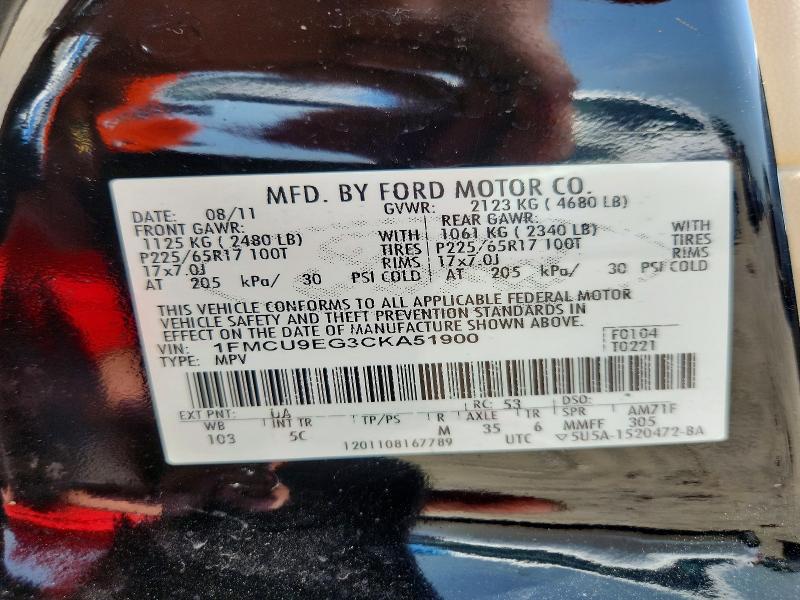 59016846 :رقم المزاد ، 1FMCU9EG3CKA51900 vin ، 2012 Ford Escape مزاد بيع
