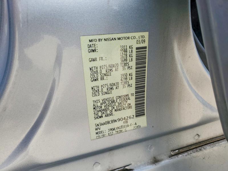 56132296 :رقم المزاد ، 5N3AA08C89N904262 vin ، 2009 Infiniti Qx56 مزاد بيع