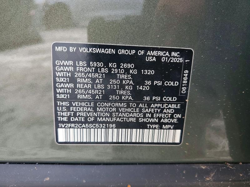 58370066 :رقم المزاد ، 1V2FR2CA5SC532196 vin ، 2025 Volkswagen Atlas مزاد بيع