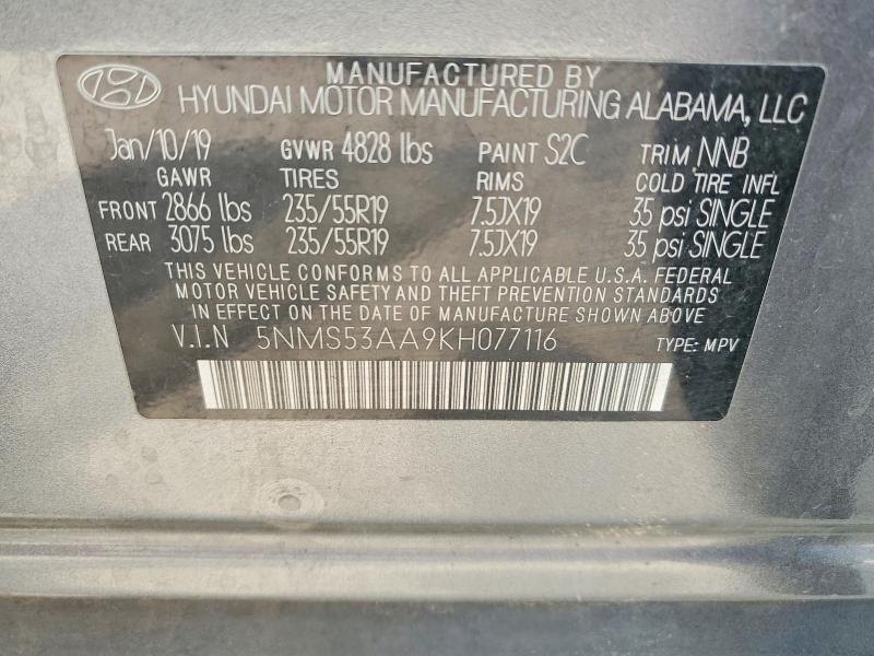 2019 Hyundai Santa Fe მანქანა იყიდება აუქციონზე, vin: 5NMS53AA9KH077116, აუქციონის ნომერი: 58328156